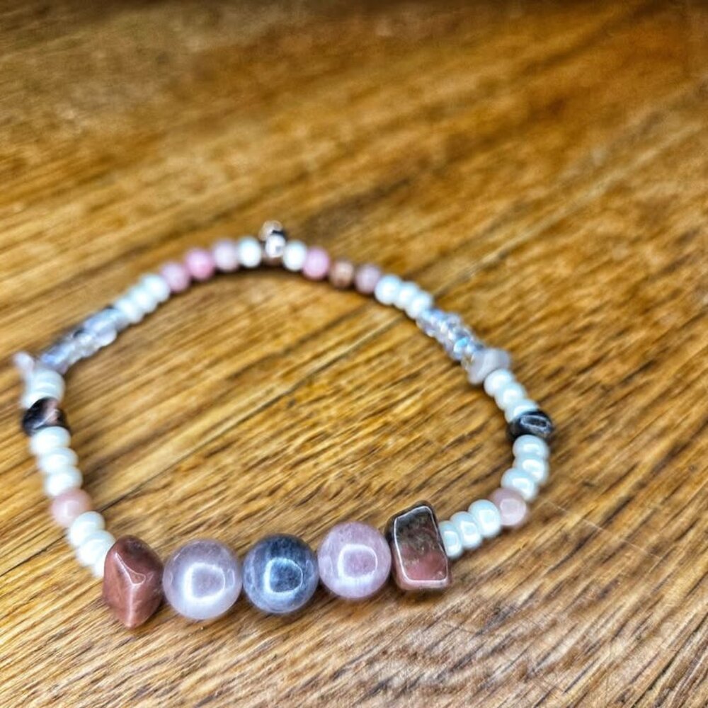 Sunstone & Rhodonite Gemstone Beaded Bracelet
